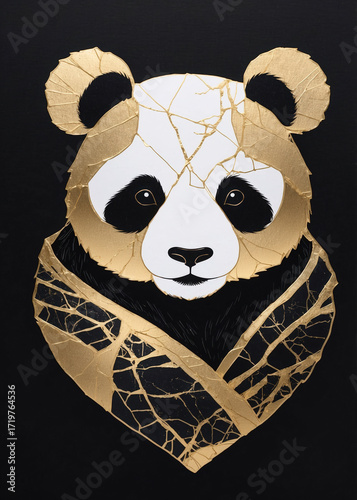 Panda artwork with gold accents showcases intricate design and unique artistic style