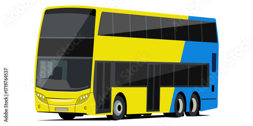 Illustration of a modern double-decker bus in yellow and blue colors.