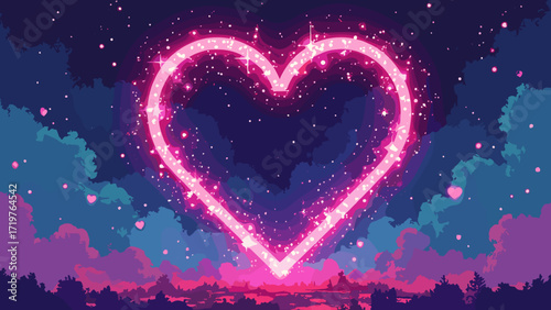 Pixel heart arcade — giant pixel heart with coin-slot and glowing arcade marquee, retro cyan & magenta