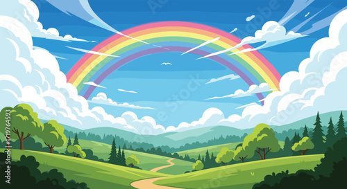 A vibrant pixel art landscape unfolds under a bright sky with a majestic rainbow stretching across it.