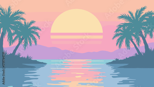 Vaporwave sunset — sun disk with horizontal scanbars over palm-lined grid, pastel peach, teal, lavender
