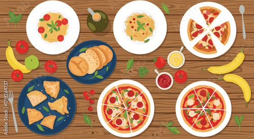 A delightful spread of Italian and American cuisine awaits on the wooden table.