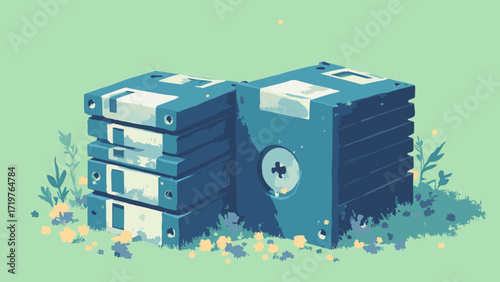 Floppy disk memorial — piled 3.5" disks with reflective label art and tape curls, cyan, lime, charcoal