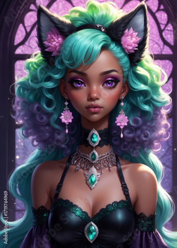 Enchanting character with teal hair and cat ears stands in a mystical setting surrounded by soft purple light