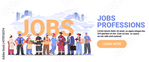 Jobs professions diverse workers group standing cityscape background various occupations teamwork modern banner template