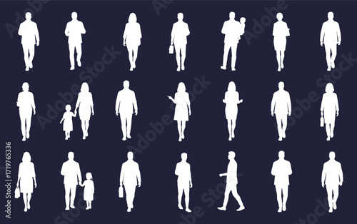 Human silhouette poses, walking figures, parent-child interaction, posture study icons, everyday motion, bag carrying, minimal style, dark background, vector set