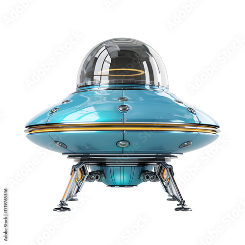 Shiny blue metallic flying saucer with glass dome and landing gear isolated on transparent background