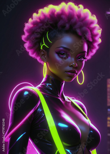 Futuristic woman with neon accents poses confidently in an urban night scene featuring colorful lights and modern aesthetics