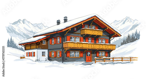 Charming alpine chalet nestled in a snowy mountain landscape, offering a cozy winter retreat