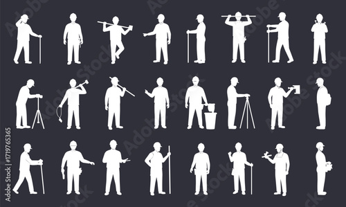 Industrial worker silhouettes, construction poses, tool usage icons, surveyor actions, safety gear figures, occupational roles, dark background, minimal style, vector set