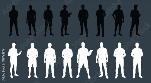 Male posture comparison, black and white silhouette, gesture sketch, object interaction, standing pose, minimalist design, motion study, body language reference