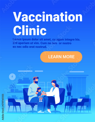 Vaccination clinic family doctor giving child injection modern medical office waiting area blue background website banner