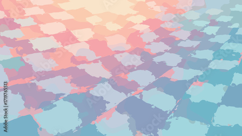 Gradient checkerboard — large tilted checkerboard with lenticular sheen, coral & aqua alternating tiles