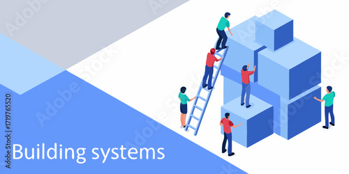 Diverse team of people working together to build and assemble complex systems using geometric blocks