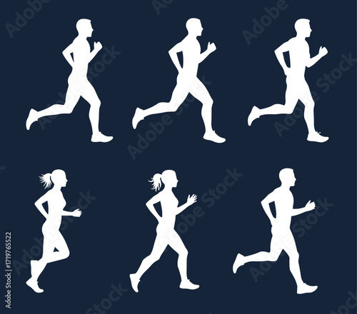 Running silhouette figures, male and female stride, motion study, athletic posture, side view sketch, minimalist design, sports biomechanics reference