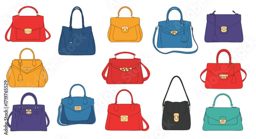 A collection of colorful handbags showcasing diverse styles and designs.