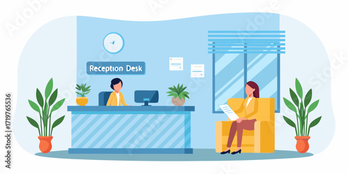 Modern office reception area with a receptionist at the desk and a visitor waiting in a chair
