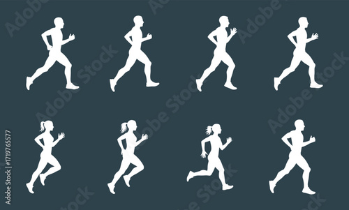 Running silhouette study, male and female motion, athletic posture, side view stride, minimalist figure, biomechanics reference, sports animation design