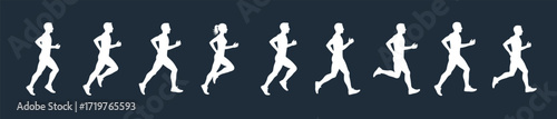 Running stride sequence, silhouette motion study, biomechanics reference, athletic posture, side view sketch, minimalist figure, sports animation, dynamic movement