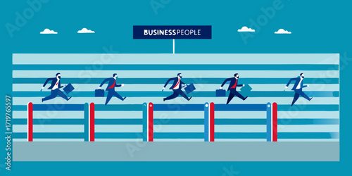 Business people running hurdles in a race towards success and achievement