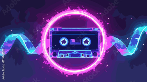 Neon cassette ribbon — luminous tape ribbons weaving through chrome hoops, electric violet & cyan