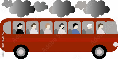 Stylized illustration of a red bus filled with diverse passengers traveling under smoky clouds
