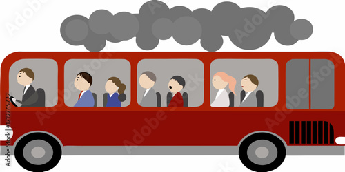 Cartoon illustration of a red bus filled with diverse passengers and emitting smoke from the top