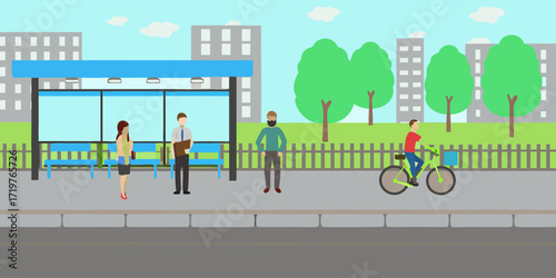 People waiting at a bus stop and a person riding a bicycle in a city park setting