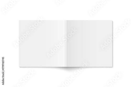 Vector mockup of white paperback square magazine spread cover isolated. Realistic softcover book, brochure or booklet template opened on white background. 3d illustration.