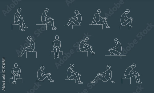 Seated figure poses, minimalist line drawing, body language study, sitting posture, side view sketch, ergonomic reference, motion analysis, stylized anatomy