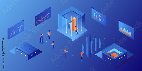 Isometric illustration of people analyzing data and charts in a futuristic digital environment with glowing elements
