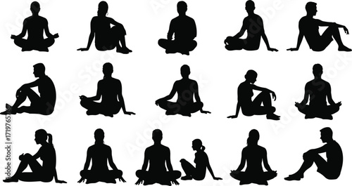 Seated meditation posture, cross-legged silhouette, minimalist figure sketch, relaxation pose, yoga anatomy, lifestyle motion study, body language reference