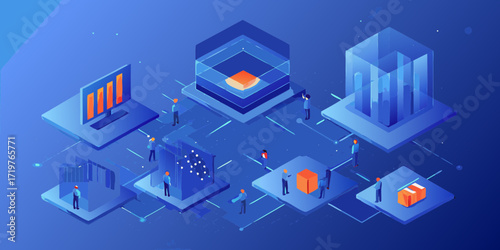 Isometric digital data processing and analysis with tiny people interacting with futuristic technology