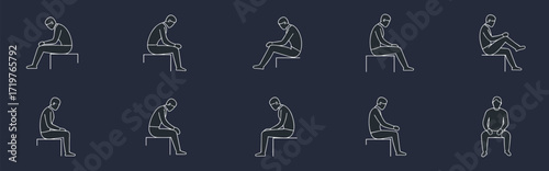 Seated posture study, side view sketch, ergonomic sitting, human figure, minimalist line art, motion analysis, body language reference