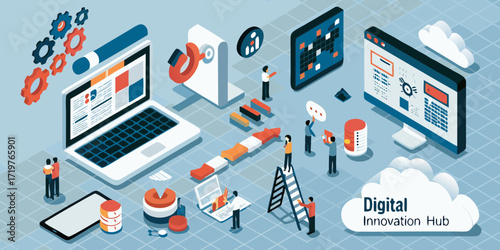 Digital innovation hub concept with isometric technology and business elements