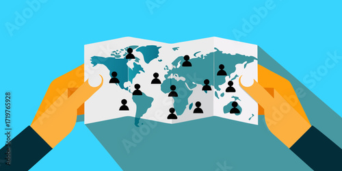 Hands holding a world map with people icons representing global connections and population distribution