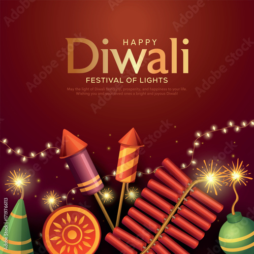 Indian festival Happy Diwali with Diwali Crackers, holiday Background, Diwali celebration greeting card, vector illustration design.