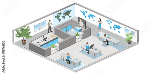 Isometric view of a modern office with people working and world maps displayed on screens