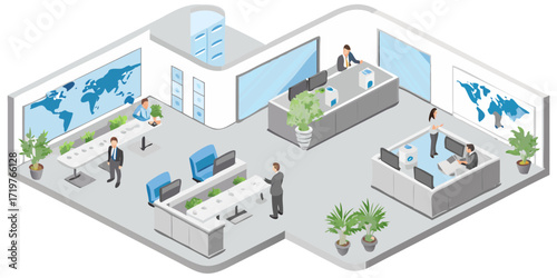 Modern isometric office interior with people working and world maps on the wall