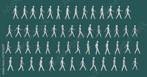 Walking cycle illustration, human motion sequence, side view stride, posture study, minimalist figure, biomechanics reference, animation sketch, gait analysis