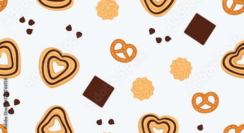A delightful pattern of assorted sweet baked goods including cookies and chocolate squares.