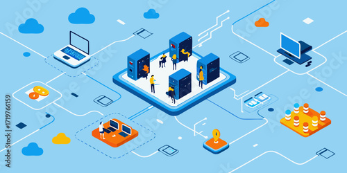 Modern isometric illustration of a connected digital network with servers laptops and people working in data centers