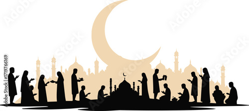 Serene Ramadan celebration with people praying under a crescent moon against a mosque backdrop, conveying peace, faith, and community during the holy month