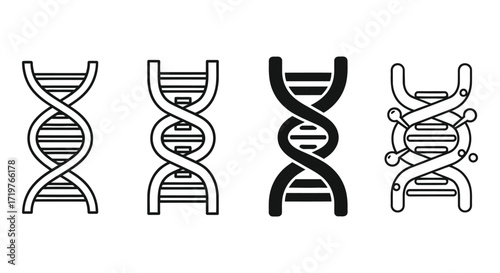 Vector art of various dna icons depicting the structure of deoxyribonucleic acid, representing genetics, biology, and science