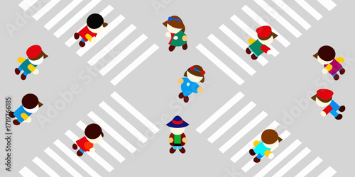Children walking across a pedestrian crossing in a stylized flat design illustration