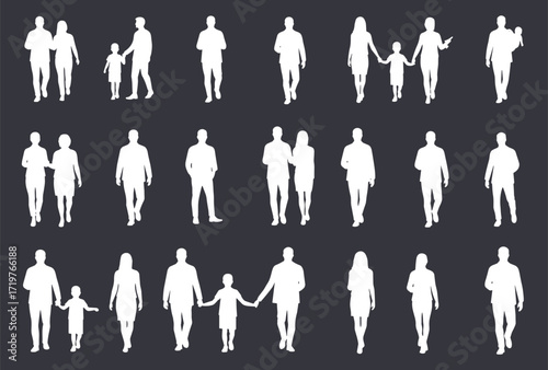 Walking silhouette figures, human motion icons, posture study poses, group interaction, adult and child walking, minimal style, dark background, vector set