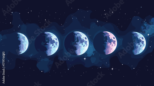 Hologram moon phases — glossy phase disks arranged across prism band, midnight navy & holographic silver