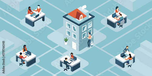 Isometric illustration of a modern office building with people working at desks in separate pods