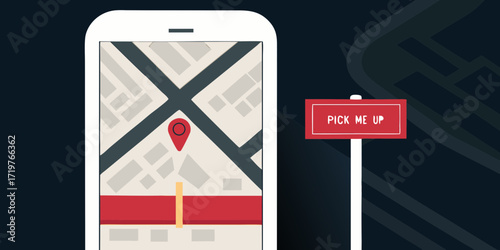 Smartphone displaying a navigation map with a red pin and a pick me up sign indicating a meeting point