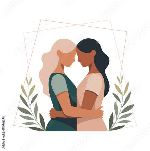 Lesbian female couple hugging. Romantic aesthetic with clean lines and simple shapes. Love relationship, Valentine's Day.
